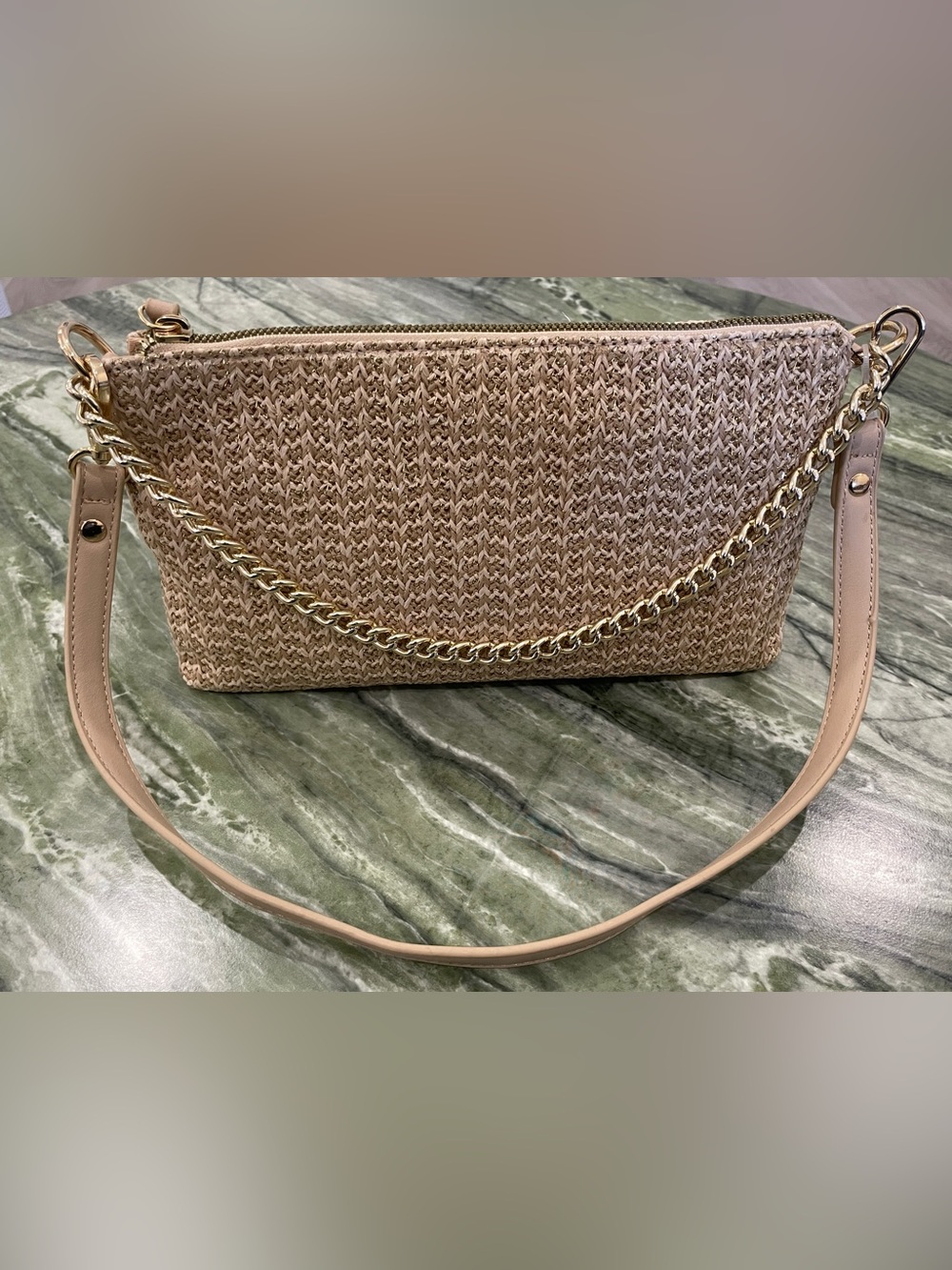 Forever 21 Woven Straw Handbag with Gold Chain - Nude